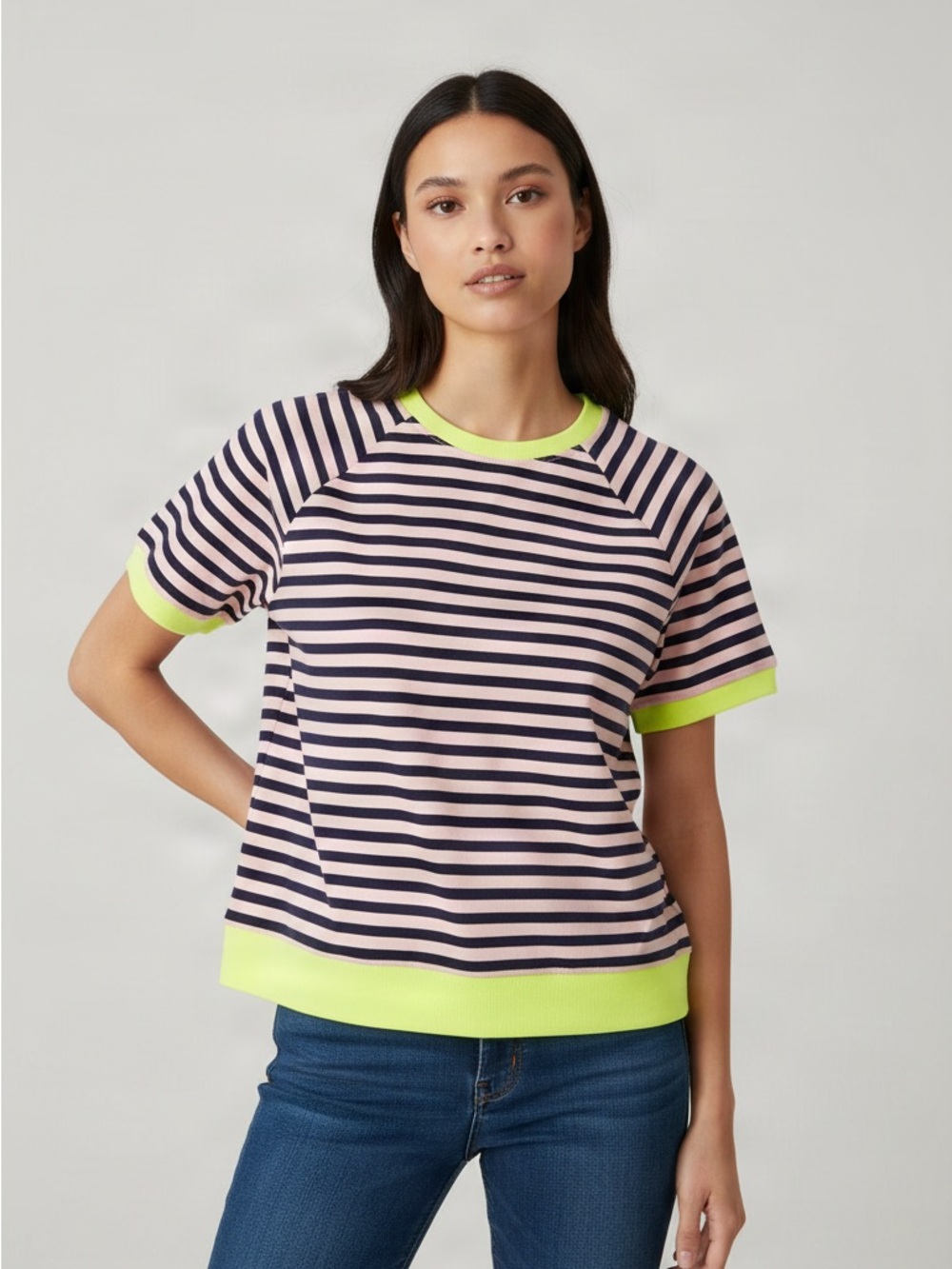 Striped Short-Sleeve Knit Top in Pink and Navy with Neon Trim